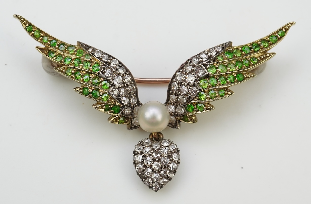 An attractive late Victorian demantoid garnet, pearl and diamond brooch, circa 1900